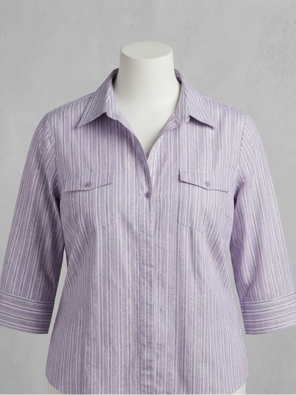 Cotton Blend Size 22 24 Lavender, White, and Silver Striped Work Shirt